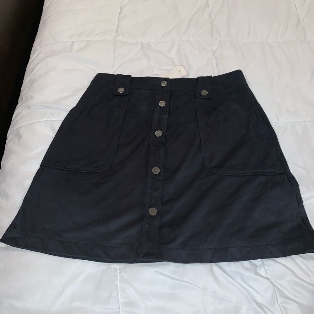 Dark Blue Faux Suede Button Up Skirt
